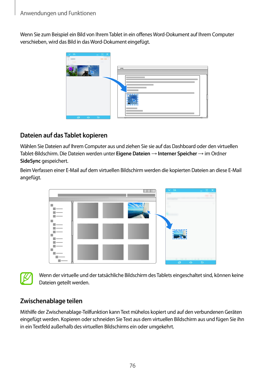 Samsung SM-P550NZKAROM, SM-P550NZKALUX, SM-P550NZWACHN manual Dateien auf das Tablet kopieren, Zwischenablage teilen 