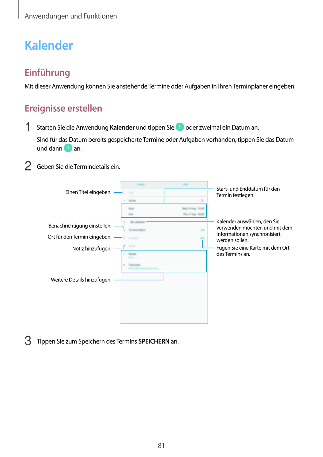 Samsung SM-P550NZAABRI, SM-P550NZKALUX Kalender, Ereignisse erstellen, Tippen Sie zum Speichern des Termins Speichern an 