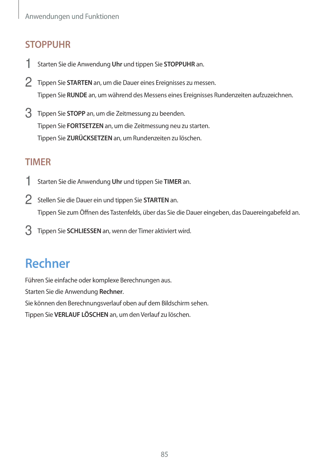 Samsung SM-T550NZKADBT, SM-P550NZKALUX, SM-P550NZWACHN manual Rechner, Tippen Sie Stopp an, um die Zeitmessung zu beenden 