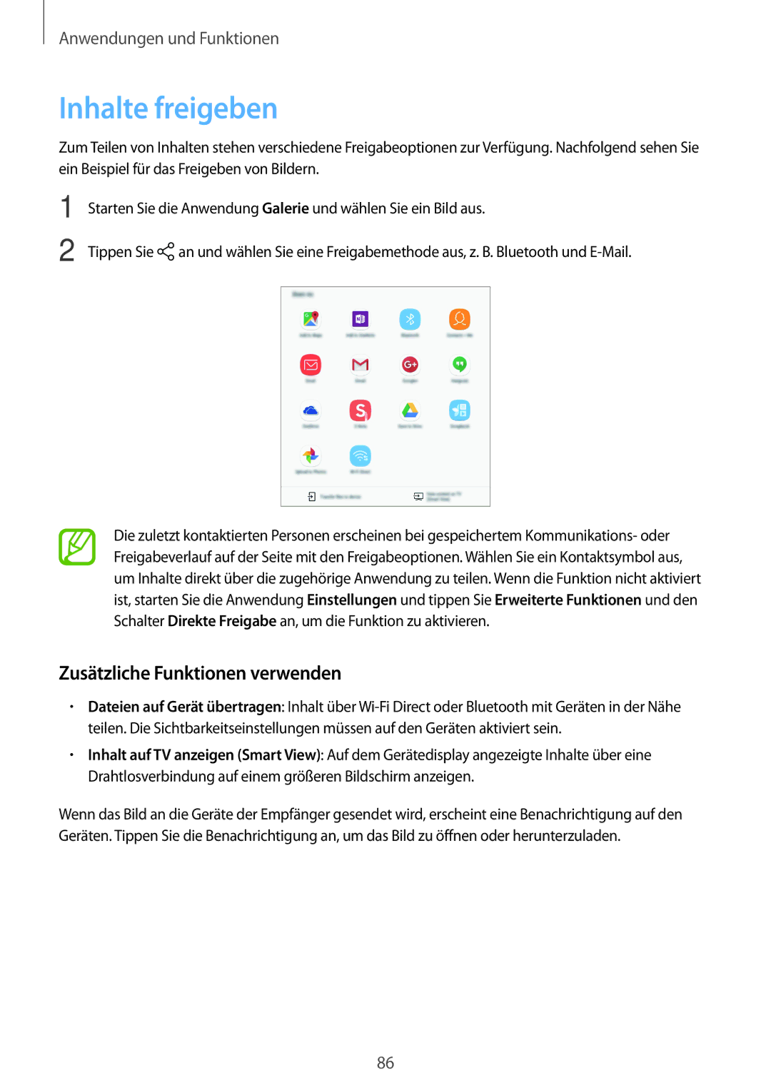Samsung SM-P550NZWANEE, SM-P550NZKALUX, SM-P550NZWACHN, SM-P550NZWAXNZ Inhalte freigeben, Zusätzliche Funktionen verwenden 