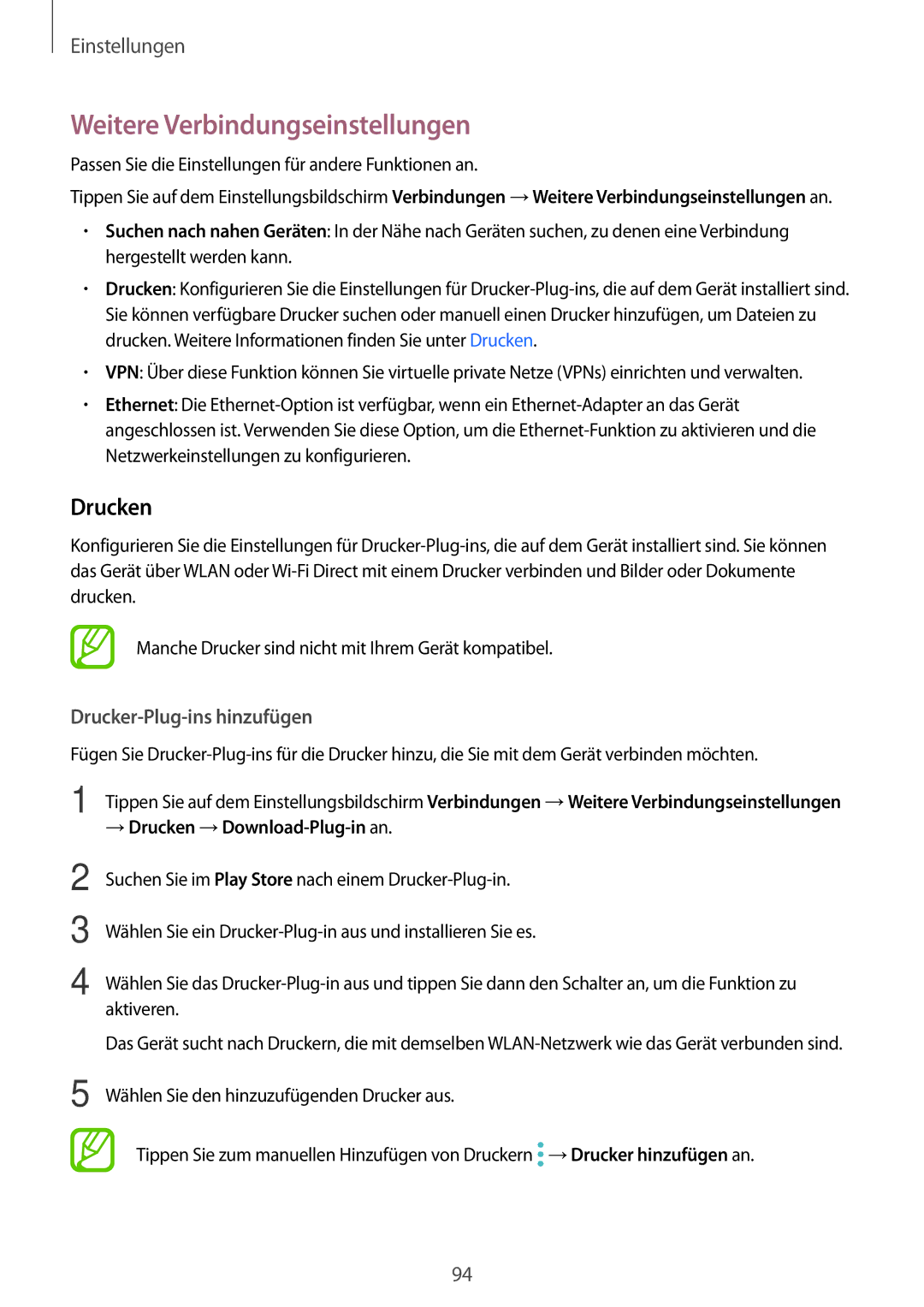 Samsung SM-P550NZAAXFA Weitere Verbindungseinstellungen, Drucken, Passen Sie die Einstellungen für andere Funktionen an 