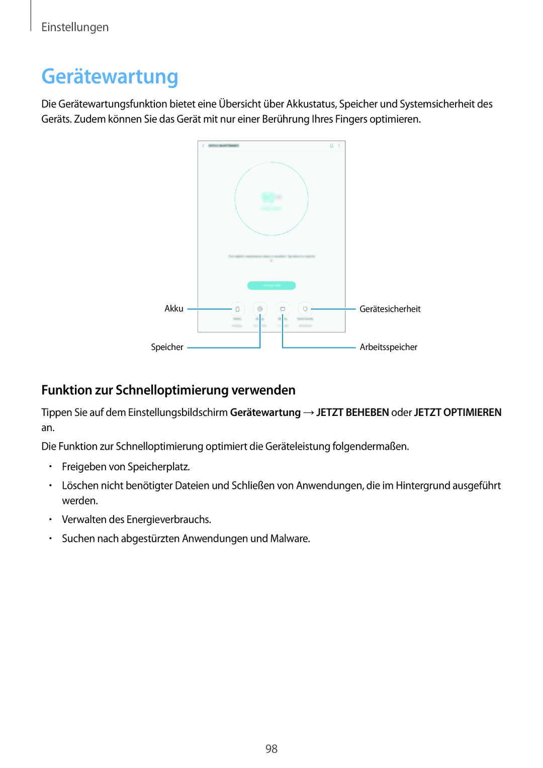 Samsung SM-P550NZKAPHN, SM-P550NZKALUX, SM-P550NZWACHN manual Gerätewartung, Funktion zur Schnelloptimierung verwenden 