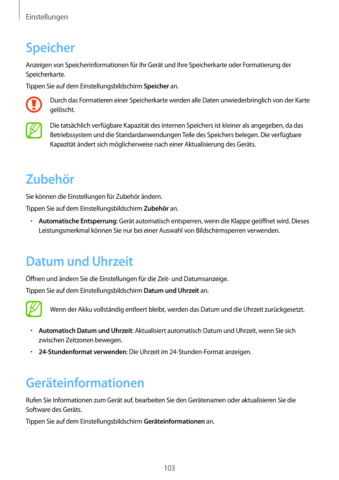 Samsung SM-P550NZWACHN, SM-P550NZKALUX, SM-P550NZWAXNZ manual Speicher, Zubehör, Datum und Uhrzeit, Geräteinformationen 