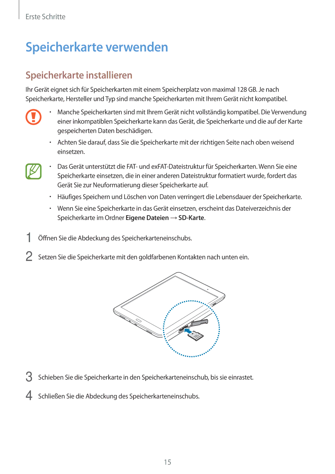 Samsung SM-P550NZAEKOO, SM-P550NZKALUX, SM-P550NZWACHN, SM-P550NZWAXNZ Speicherkarte verwenden, Speicherkarte installieren 