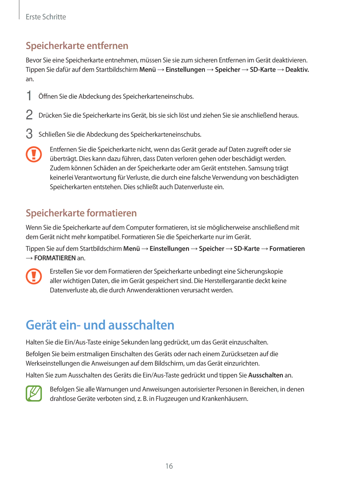 Samsung SM-T550NZWADBT, SM-P550NZKALUX manual Gerät ein- und ausschalten, Speicherkarte entfernen, Speicherkarte formatieren 