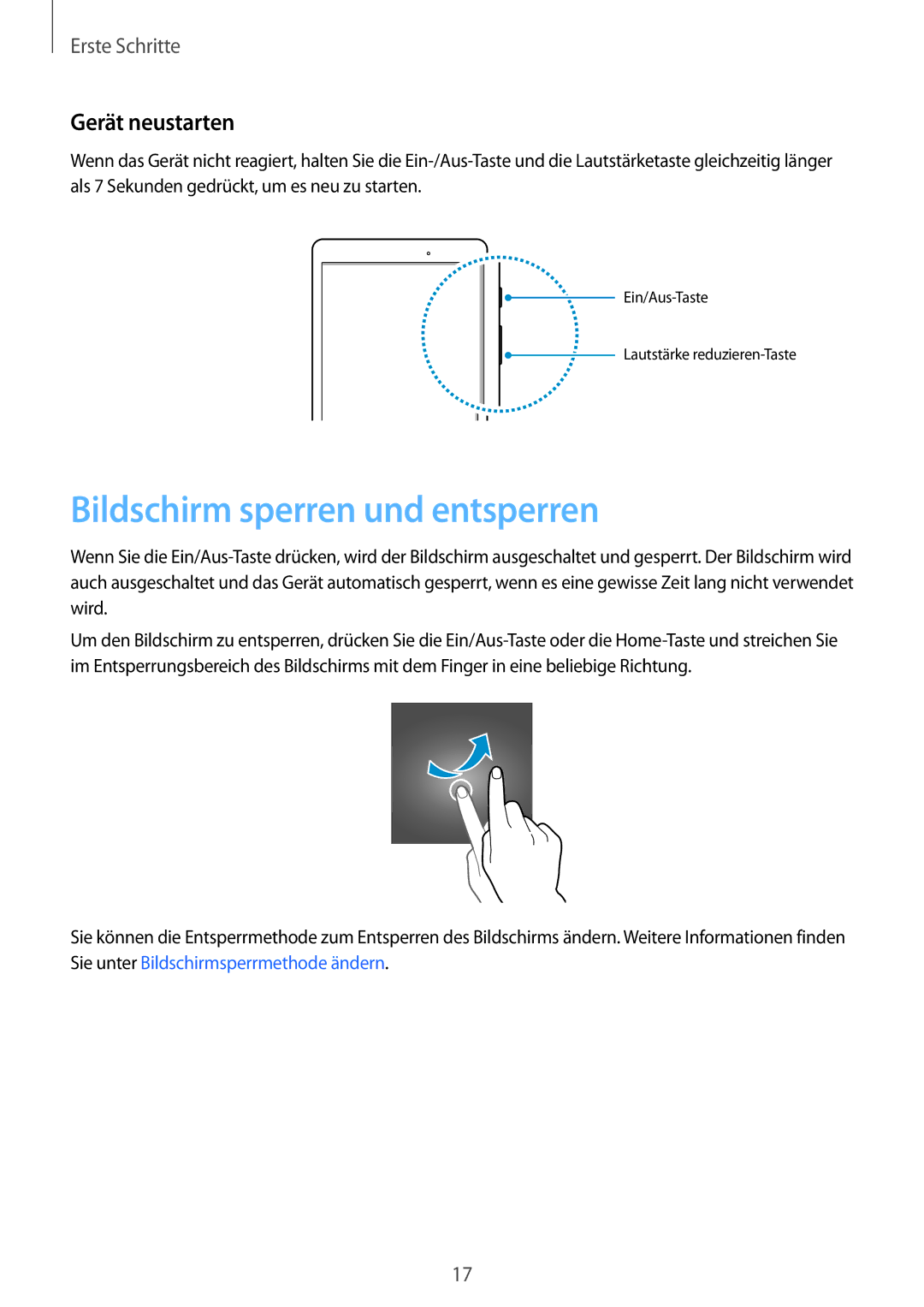 Samsung SM-T550NZKADBT, SM-P550NZKALUX, SM-P550NZWACHN, SM-P550NZWAXNZ Bildschirm sperren und entsperren, Gerät neustarten 