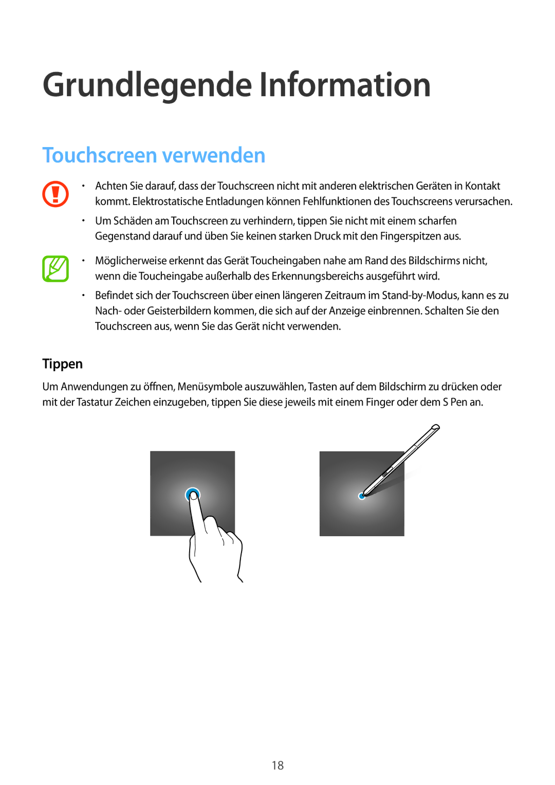 Samsung SM-P550NZWANEE, SM-P550NZKALUX, SM-P550NZWACHN manual Grundlegende Information, Touchscreen verwenden, Tippen 