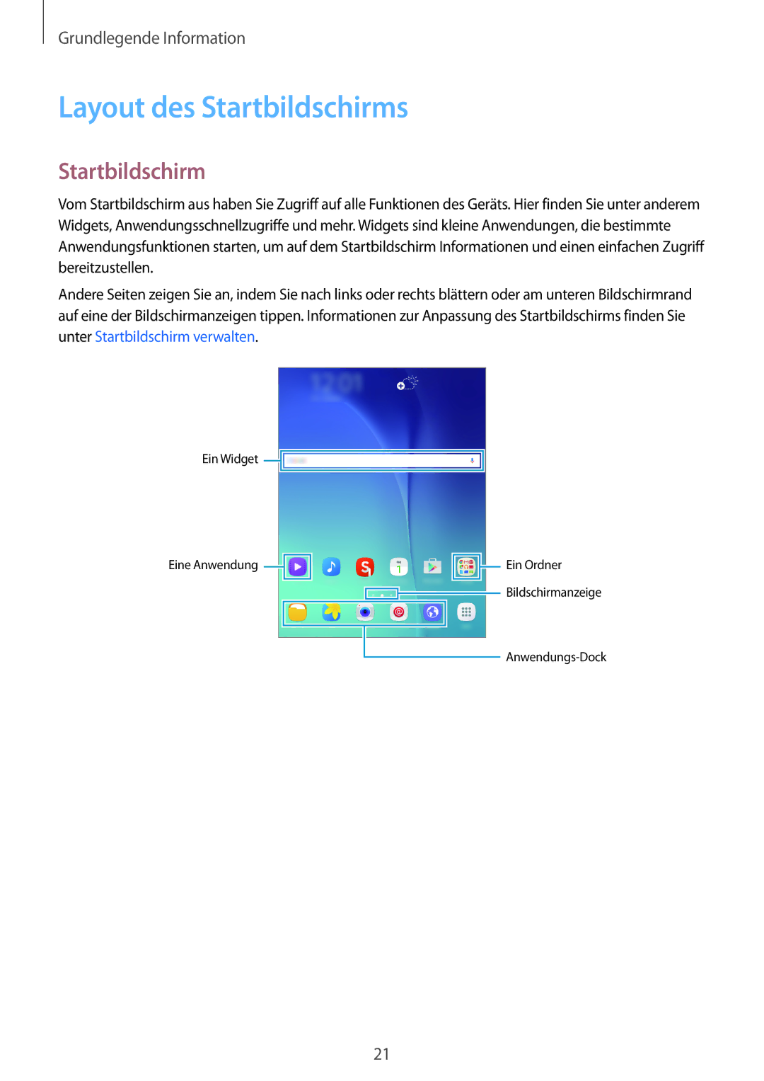 Samsung SM-P550NZKAAUT, SM-P550NZKALUX, SM-P550NZWACHN, SM-P550NZWAXNZ, SM-P550NZWATUR manual Layout des Startbildschirms 