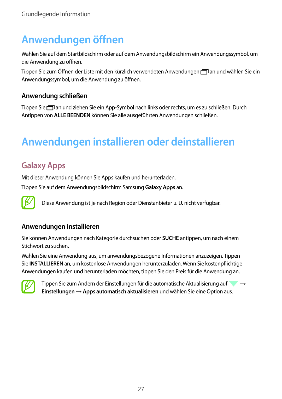 Samsung SM-P550NZAATUR Anwendungen öffnen, Anwendungen installieren oder deinstallieren, Galaxy Apps, Anwendung schließen 