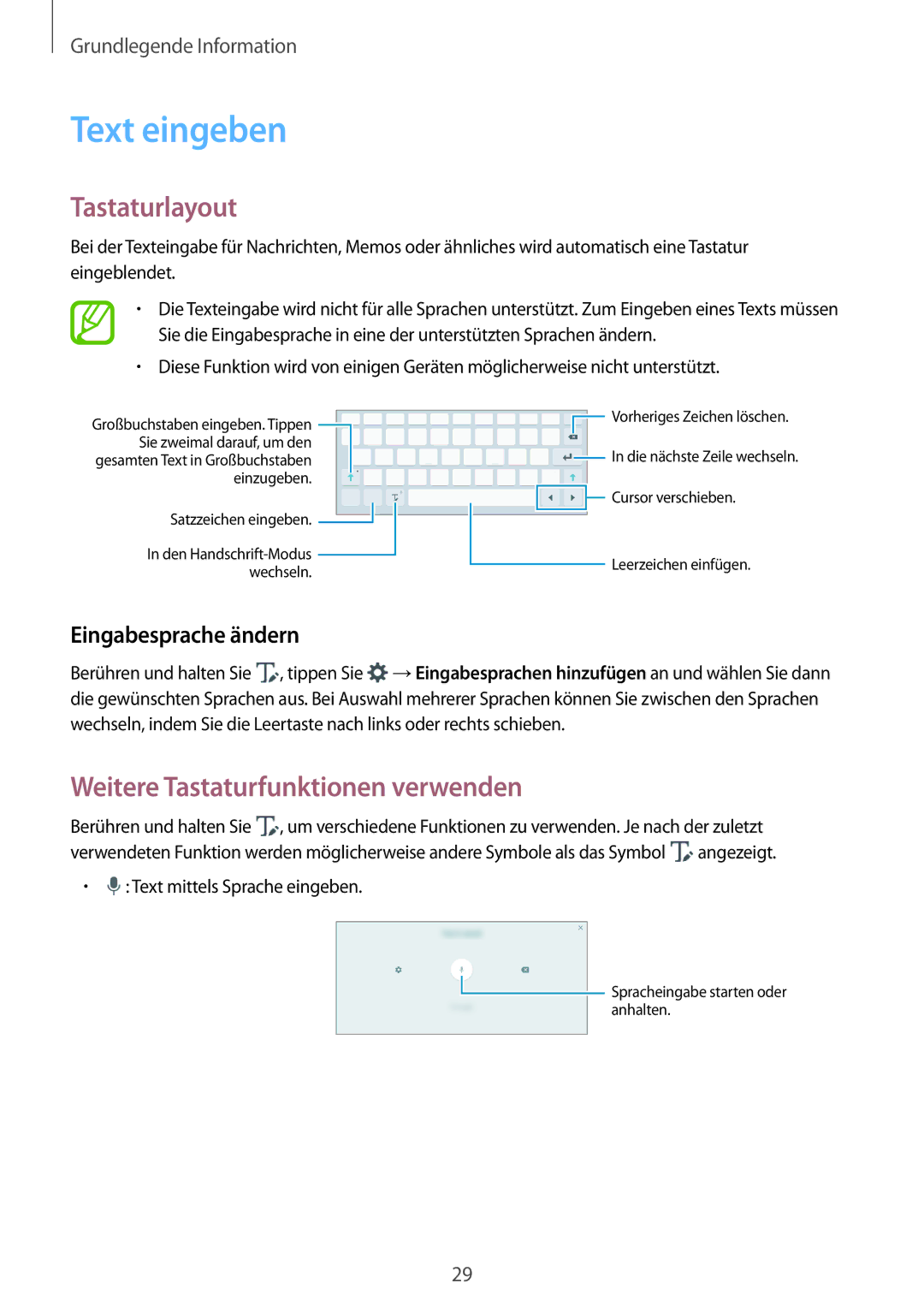 Samsung SM-P550NZWAATO manual Text eingeben, Tastaturlayout, Weitere Tastaturfunktionen verwenden, Eingabesprache ändern 