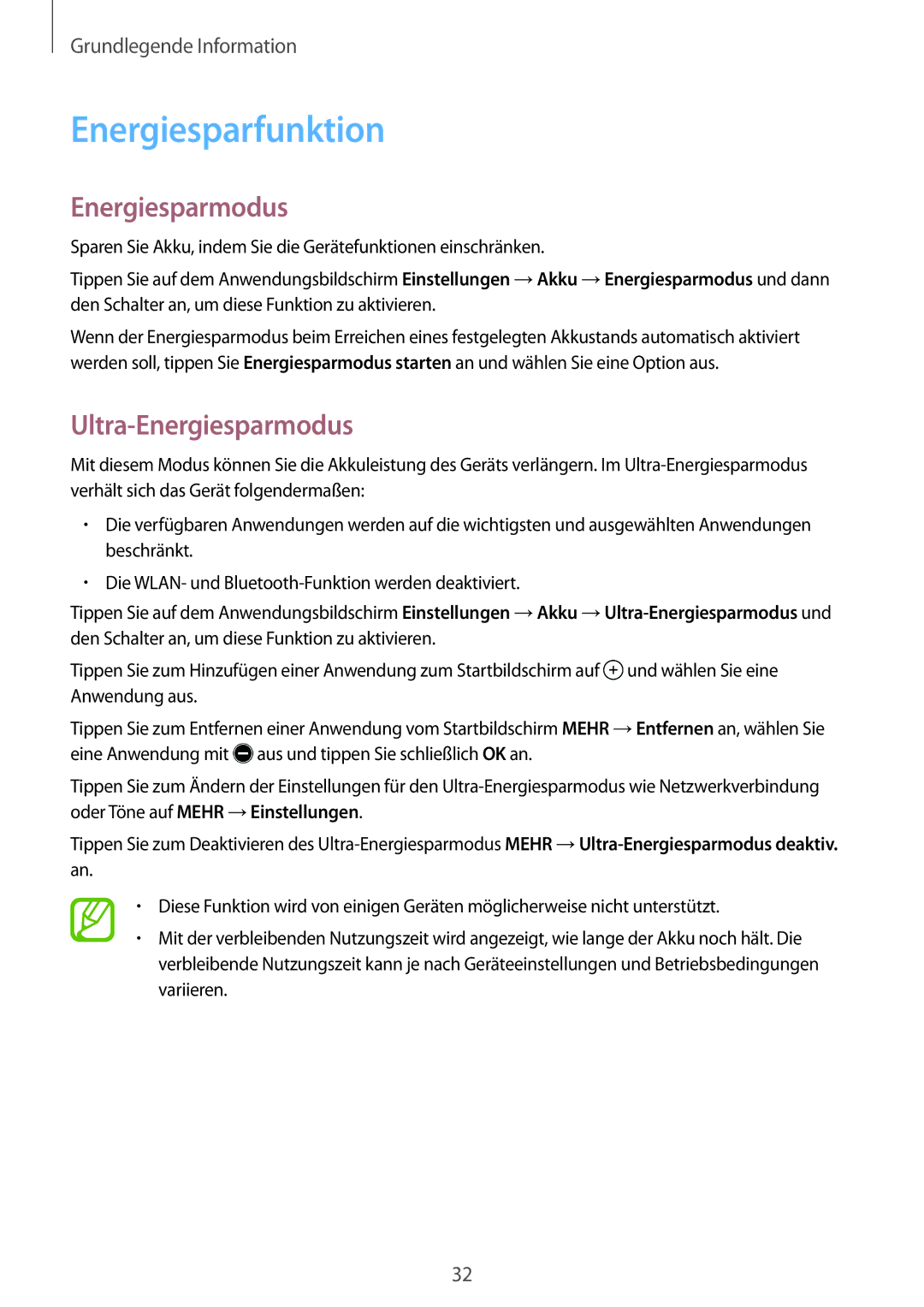 Samsung SM-P550NZWAXEF, SM-P550NZKALUX, SM-P550NZWACHN, SM-P550NZWAXNZ manual Energiesparfunktion, Ultra-Energiesparmodus 