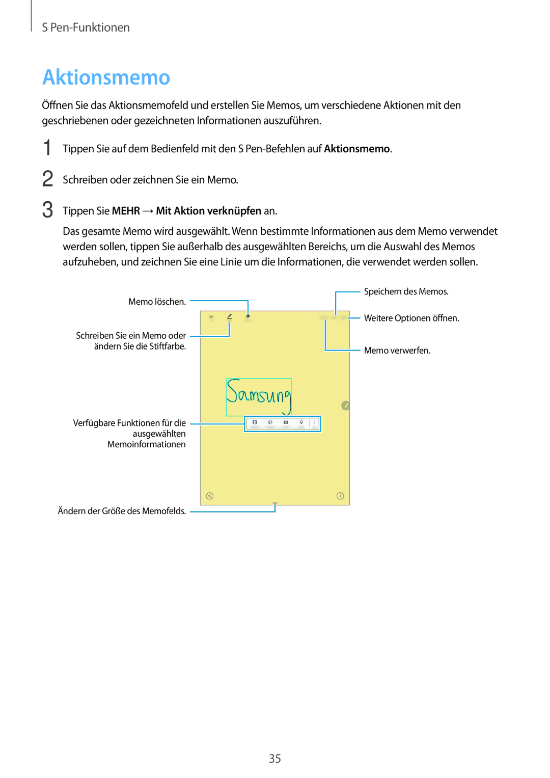 Samsung SM-P550NZWACHN, SM-P550NZKALUX, SM-P550NZWAXNZ manual Aktionsmemo, Tippen Sie Mehr →Mit Aktion verknüpfen an 