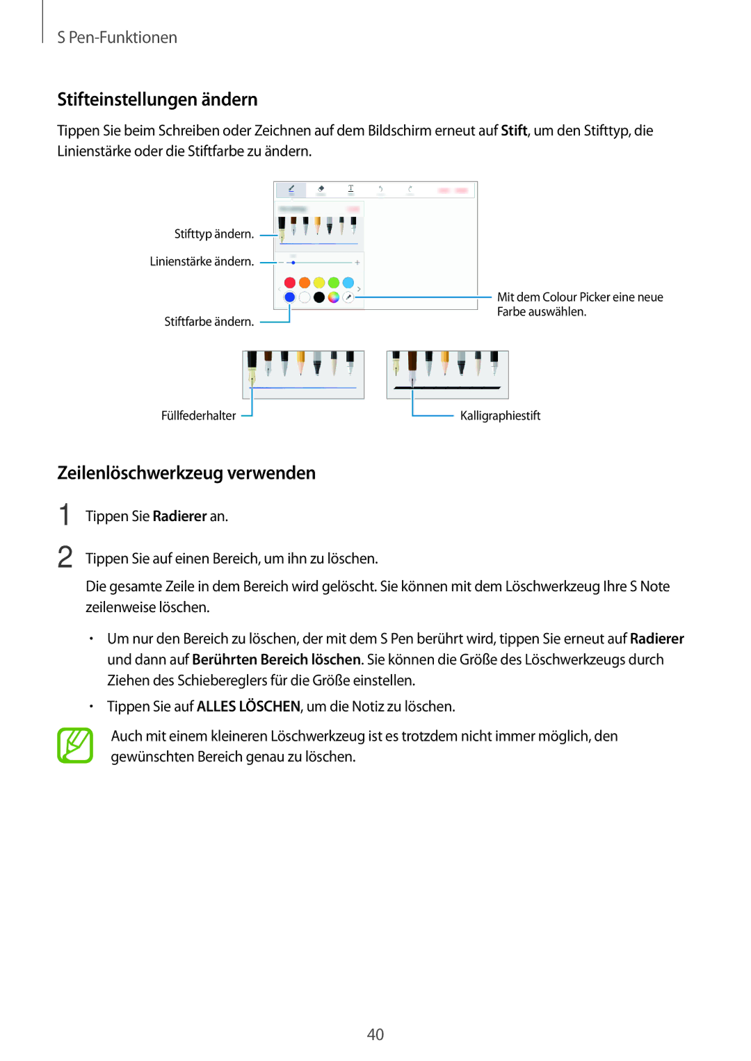 Samsung SM-P550NZKAATO, SM-P550NZKALUX, SM-P550NZWACHN manual Stifteinstellungen ändern, Zeilenlöschwerkzeug verwenden 