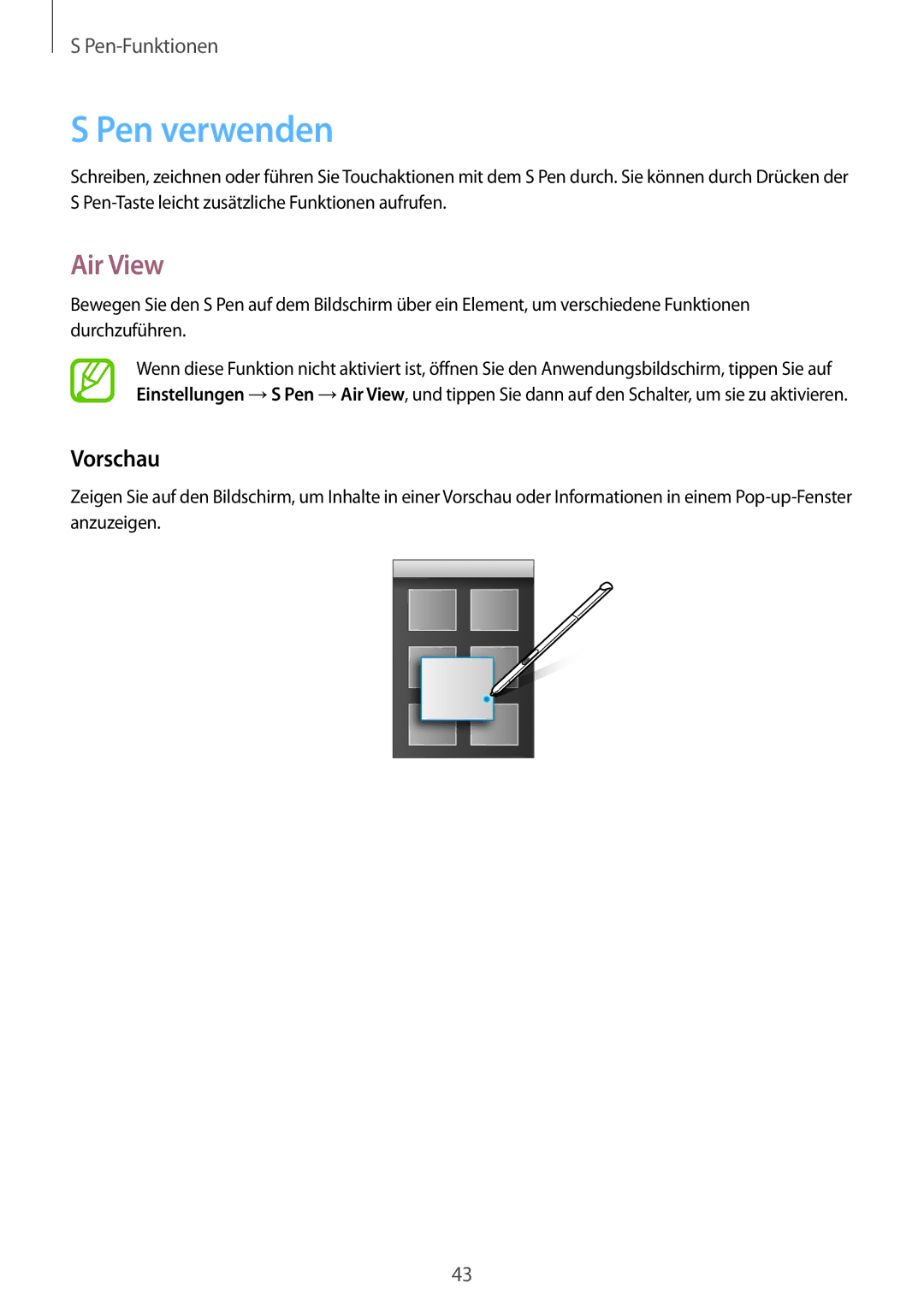 Samsung SM-P550NZKAPHE, SM-P550NZKALUX, SM-P550NZWACHN, SM-P550NZWAXNZ, SM-P550NZWATUR manual Pen verwenden, Air View, Vorschau 