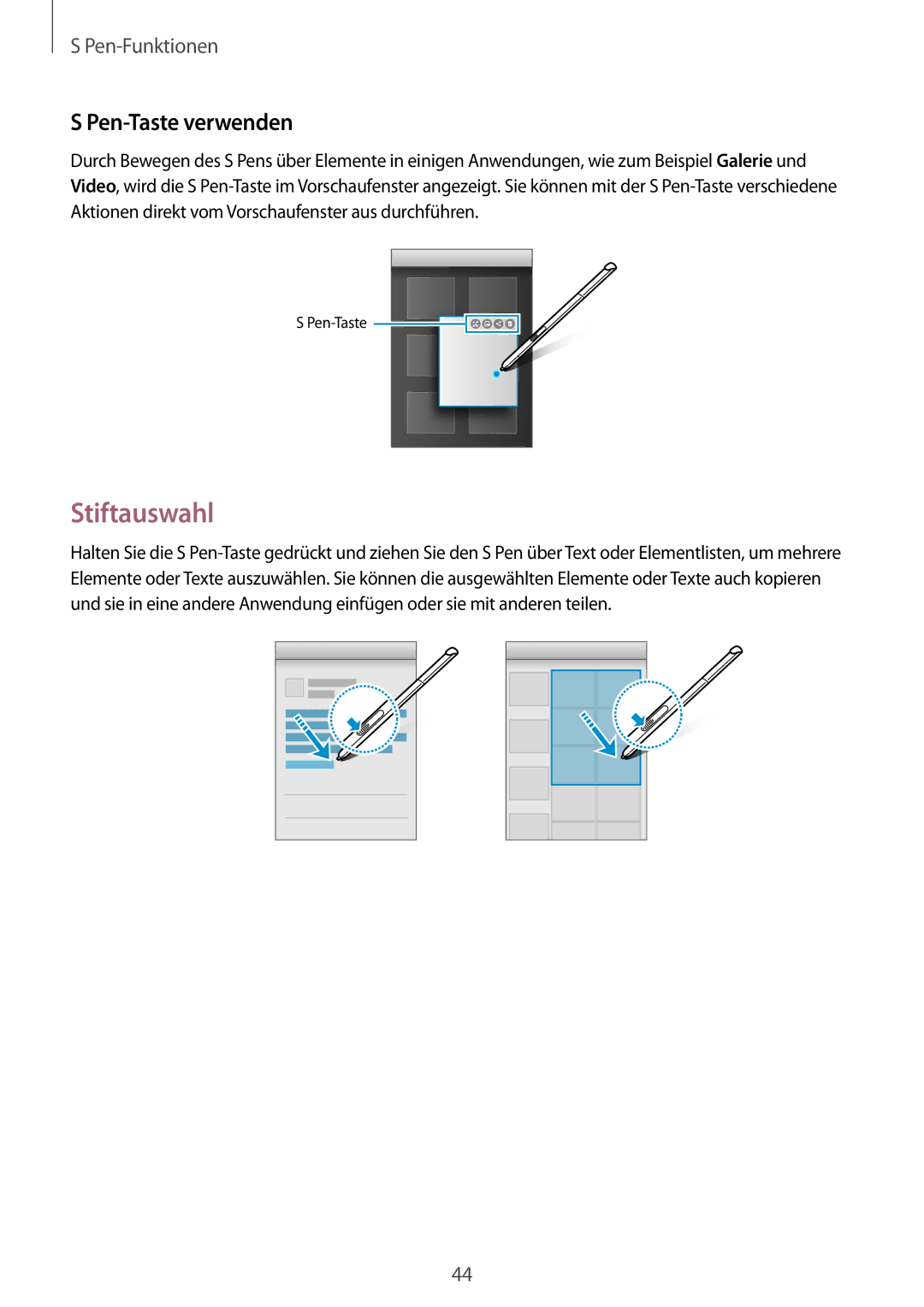 Samsung SM-P550NZKABTU, SM-P550NZKALUX, SM-P550NZWACHN, SM-P550NZWAXNZ, SM-P550NZWATUR manual Stiftauswahl, Pen-Taste verwenden 