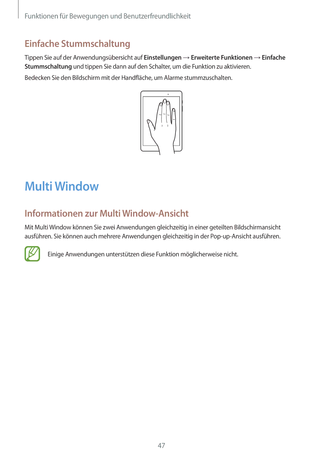 Samsung SM-P550NZAABRI, SM-P550NZKALUX, SM-P550NZWACHN Einfache Stummschaltung, Informationen zur Multi Window-Ansicht 