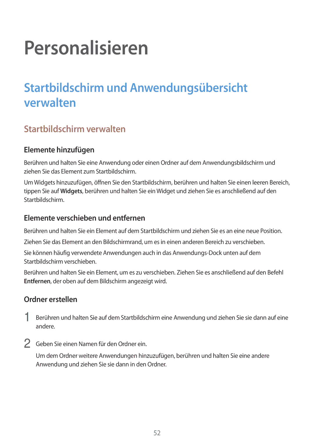 Samsung SM-P550NZWANEE manual Personalisieren, Startbildschirm und Anwendungsübersicht verwalten, Startbildschirm verwalten 