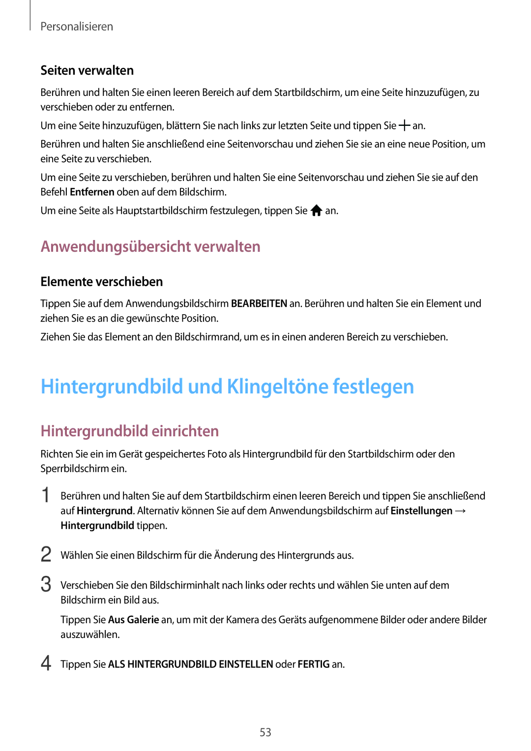 Samsung SM-P550NZKAITV manual Hintergrundbild und Klingeltöne festlegen, Anwendungsübersicht verwalten, Seiten verwalten 