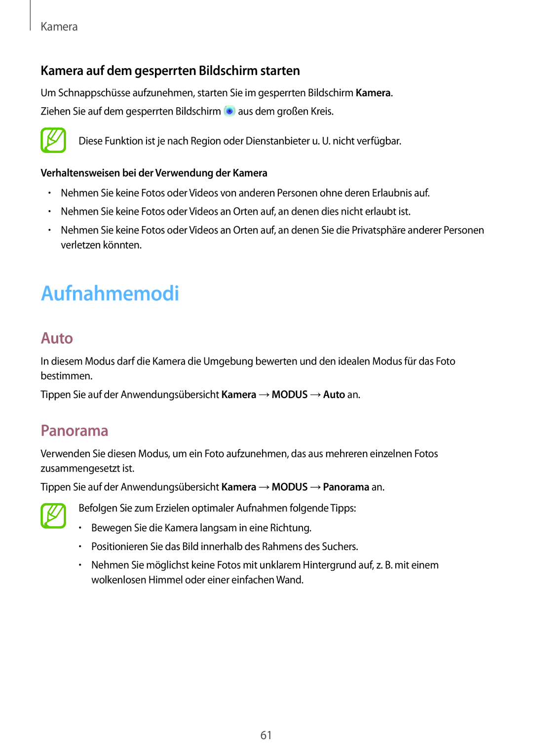 Samsung SM-P550NZAATUR, SM-P550NZKALUX manual Aufnahmemodi, Auto, Panorama, Kamera auf dem gesperrten Bildschirm starten 