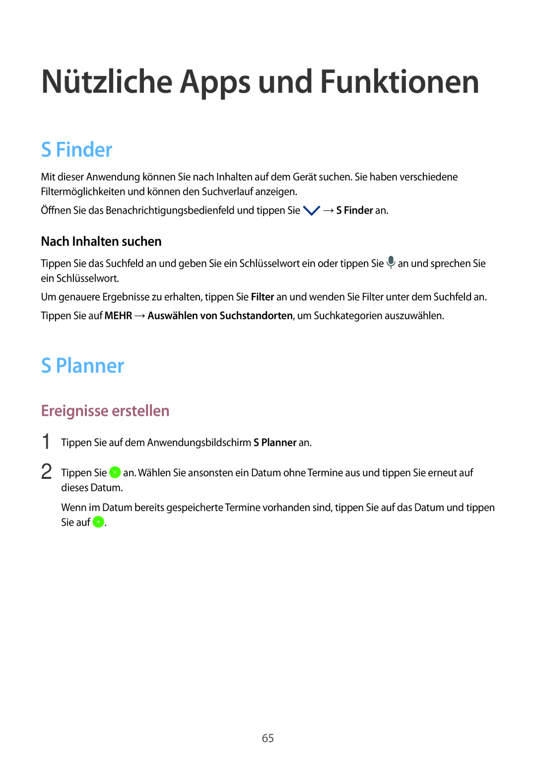 Samsung SM-P550NZAAXAR, SM-P550NZKALUX, SM-P550NZWACHN manual Finder, Planner, Ereignisse erstellen, Nach Inhalten suchen 