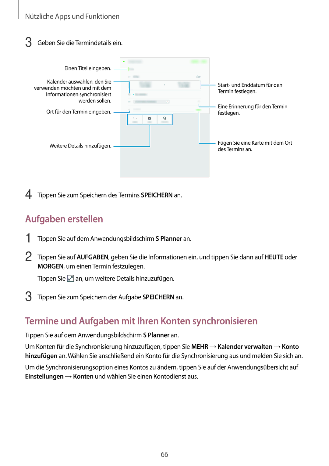 Samsung SM-P550NZWAXEF, SM-P550NZKALUX manual Aufgaben erstellen, Termine und Aufgaben mit Ihren Konten synchronisieren 