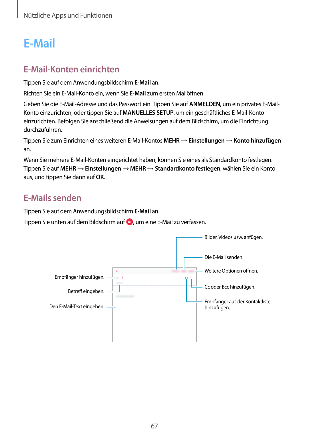 Samsung SM-P550NZKAXEF, SM-P550NZKALUX, SM-P550NZWACHN, SM-P550NZWAXNZ manual Mail-Konten einrichten, Mails senden 