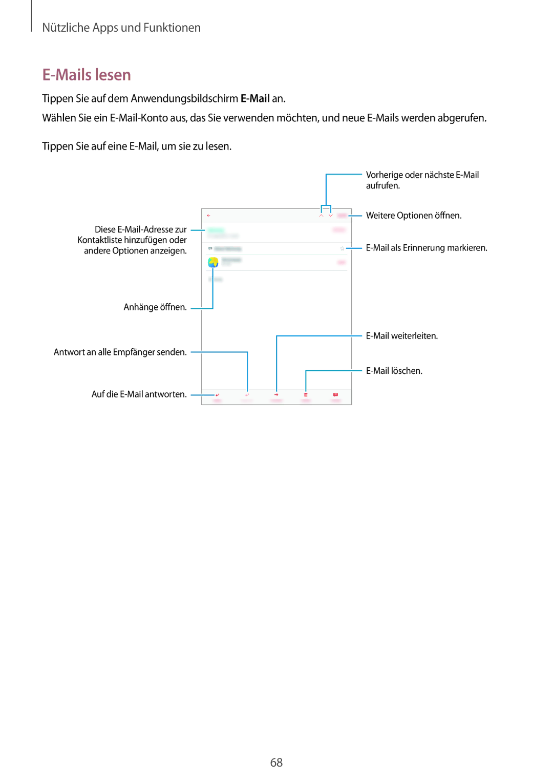 Samsung SM-P550NZKALUX, SM-P550NZWACHN, SM-P550NZWAXNZ manual Mails lesen, Tippen Sie auf dem Anwendungsbildschirm E-Mailan 