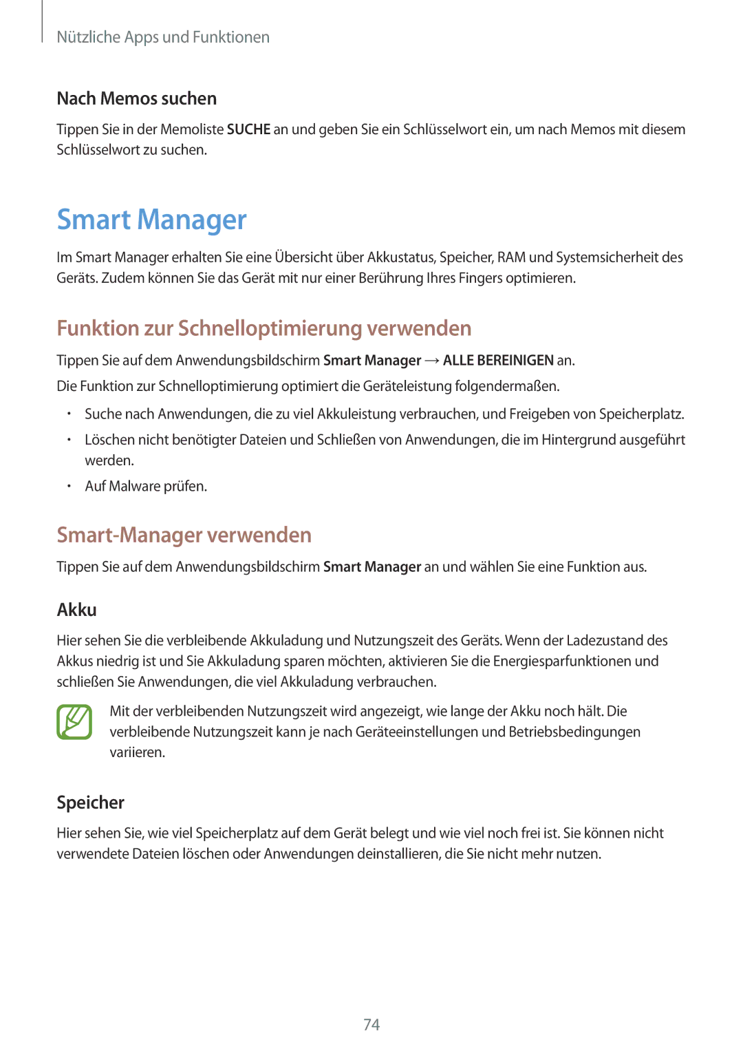 Samsung SM-P550NZKAATO, SM-P550NZKALUX Smart Manager, Funktion zur Schnelloptimierung verwenden, Smart-Manager verwenden 