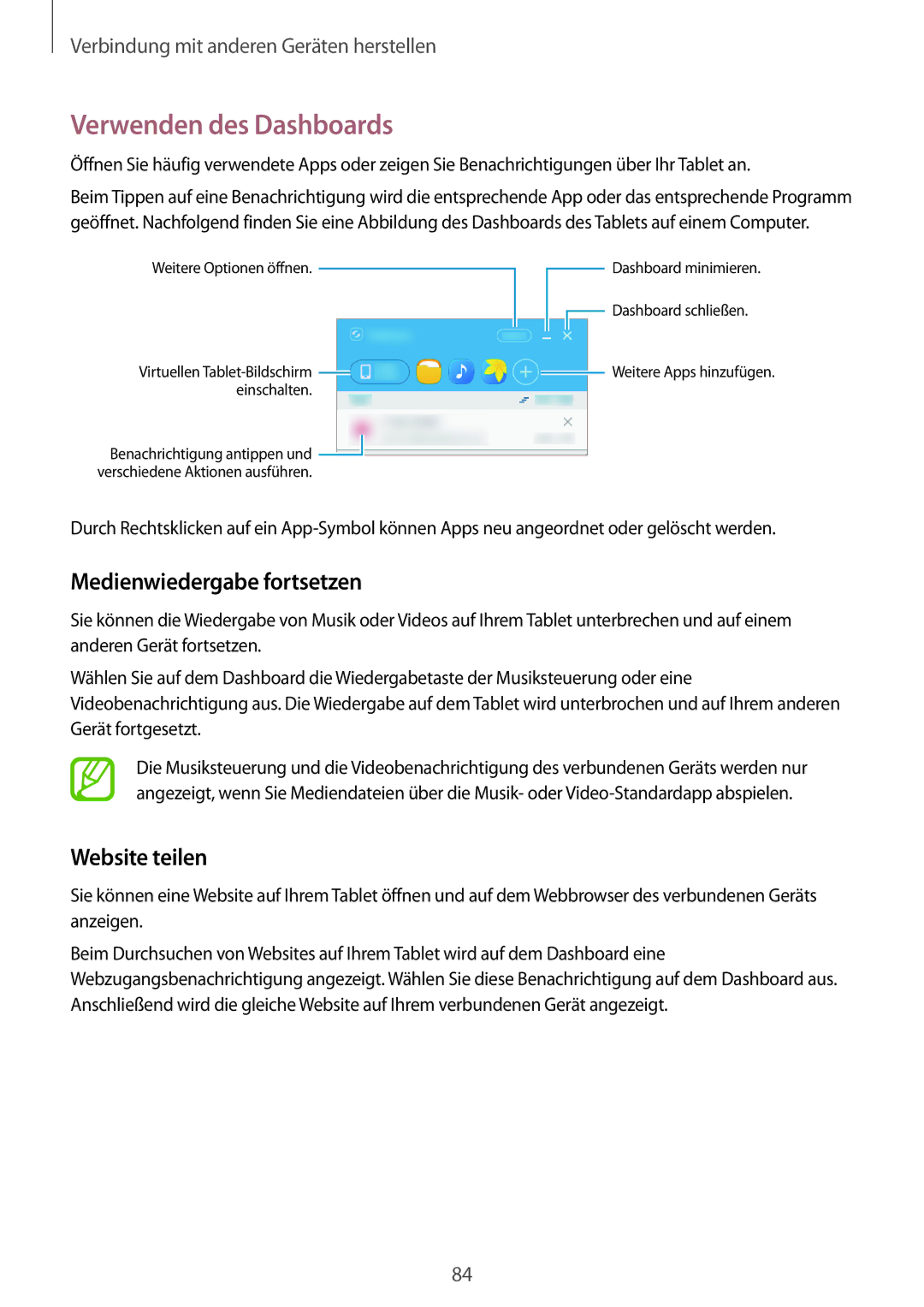 Samsung SM-T550NZWADBT, SM-P550NZKALUX manual Verwenden des Dashboards, Medienwiedergabe fortsetzen, Website teilen 