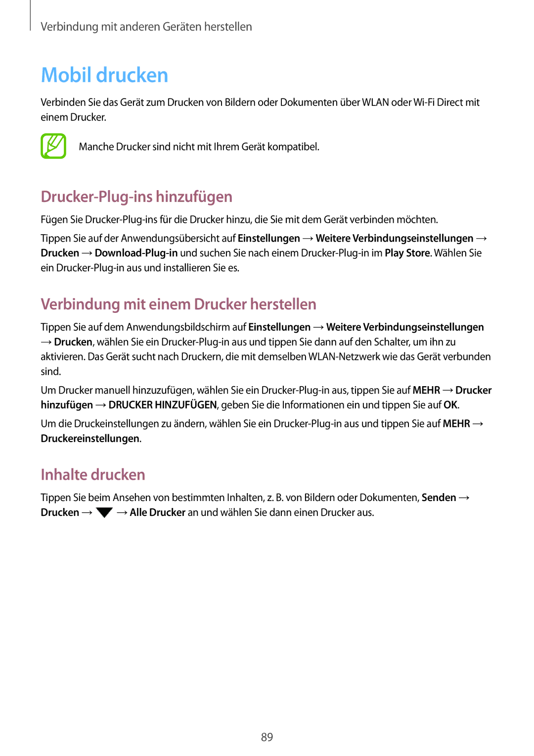 Samsung SM-P550NZKAAUT, SM-P550NZKALUX Mobil drucken, Drucker-Plug-ins hinzufügen, Verbindung mit einem Drucker herstellen 