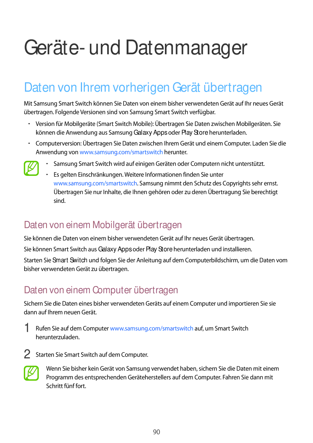 Samsung SM-P550NZAAXSA, SM-P550NZKALUX manual Geräte- und Datenmanager, Daten von Ihrem vorherigen Gerät übertragen 