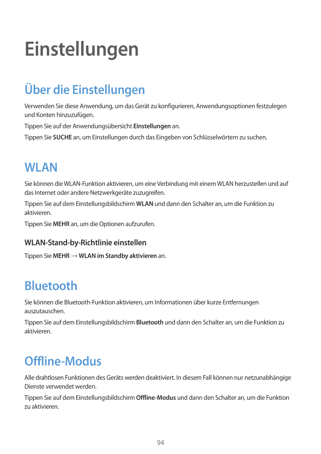 Samsung SM-P550NZAAXFA, SM-P550NZKALUX manual Über die Einstellungen, Offline-Modus, WLAN-Stand-by-Richtlinie einstellen 