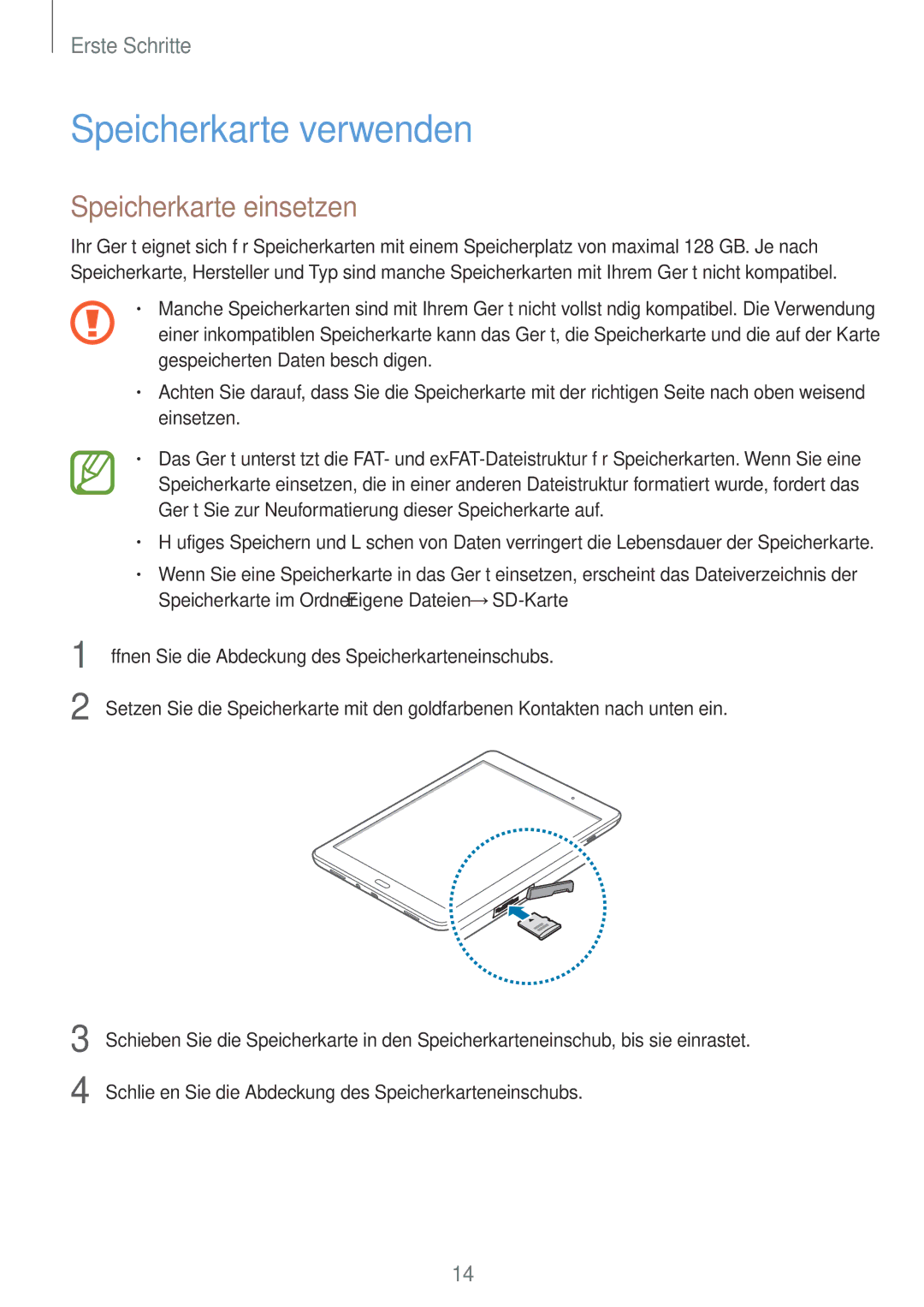 Samsung SM-P550NZKASEE, SM-P550NZKALUX, SM-P550NZWACHN, SM-P550NZWAXNZ manual Speicherkarte verwenden, Speicherkarte einsetzen 