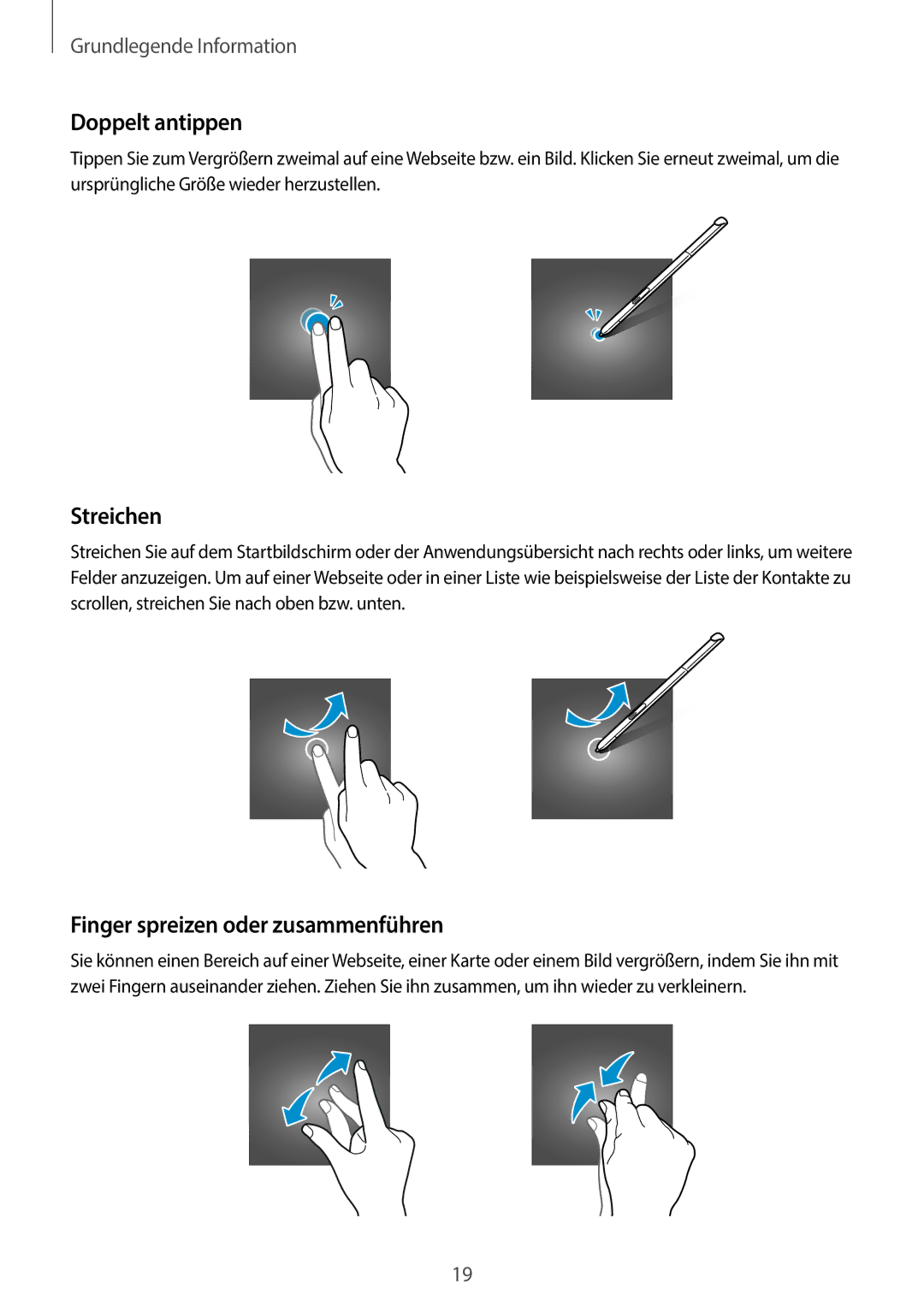 Samsung SM-P550NZKAAUT, SM-P550NZKALUX, SM-P550NZWACHN Doppelt antippen, Streichen, Finger spreizen oder zusammenführen 