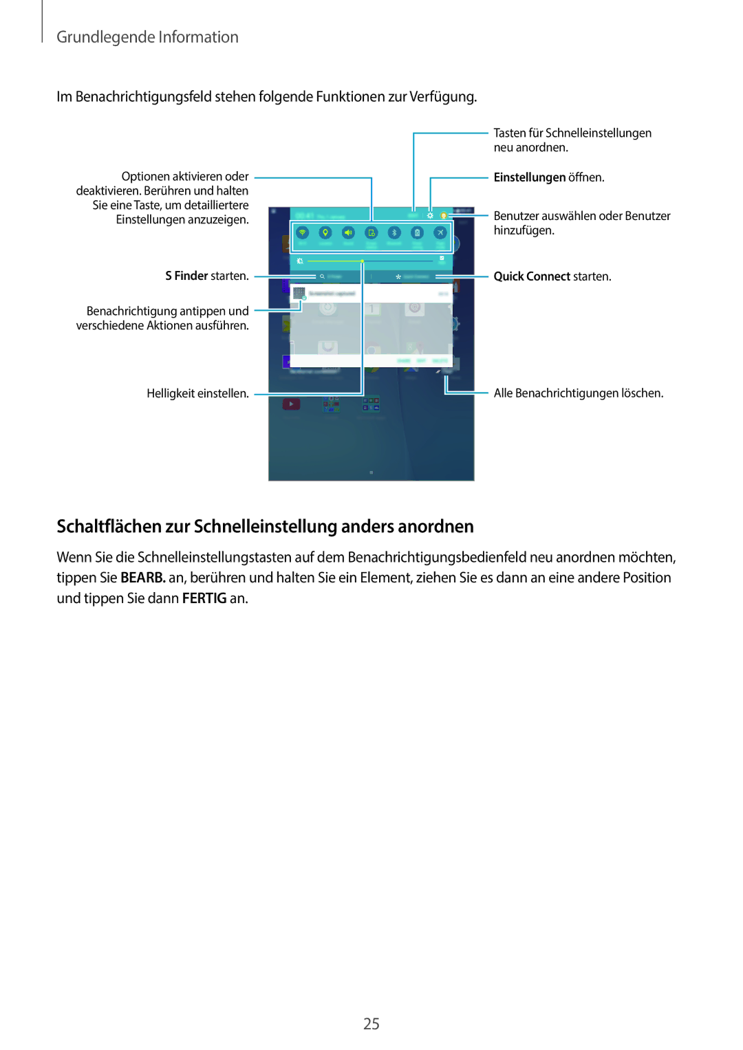 Samsung SM-P550NZAATUR, SM-P550NZKALUX manual Schaltflächen zur Schnelleinstellung anders anordnen, Einstellungen öffnen 