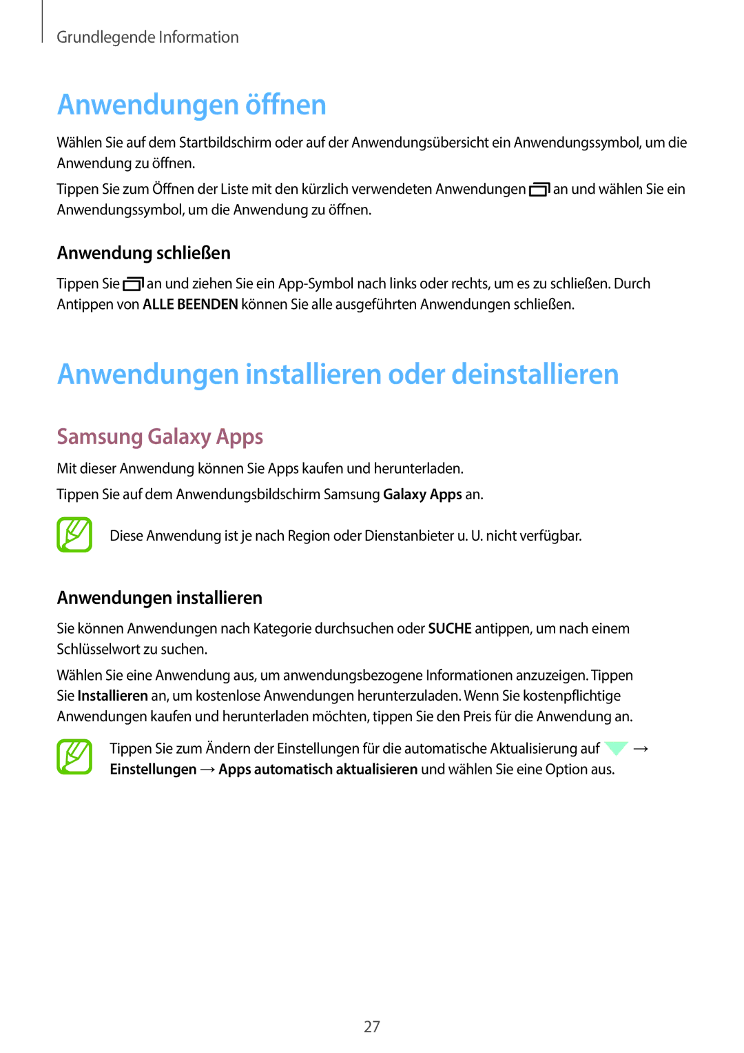 Samsung SM-P550NZWAATO manual Anwendungen öffnen, Anwendungen installieren oder deinstallieren, Samsung Galaxy Apps 