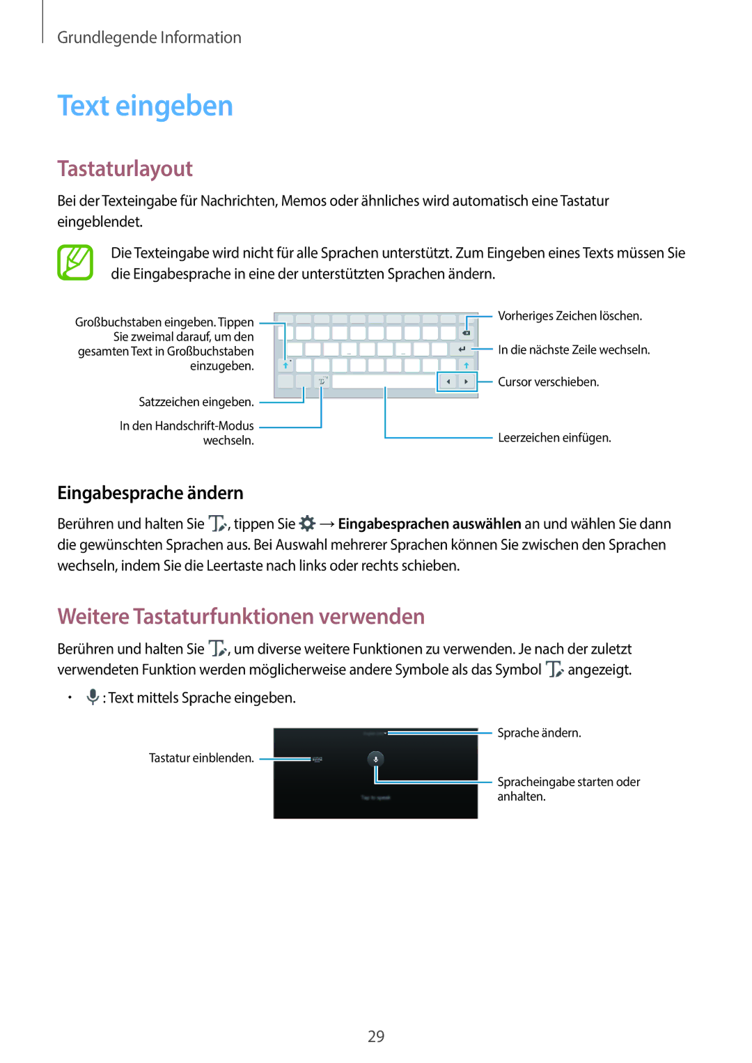 Samsung SM-P550NZAAXAR manual Text eingeben, Tastaturlayout, Weitere Tastaturfunktionen verwenden, Eingabesprache ändern 