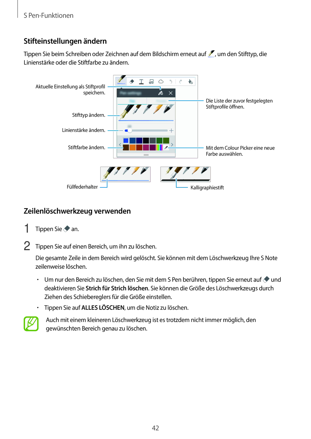 Samsung SM-P550NZKABTU, SM-P550NZKALUX, SM-P550NZWACHN manual Stifteinstellungen ändern, Zeilenlöschwerkzeug verwenden 