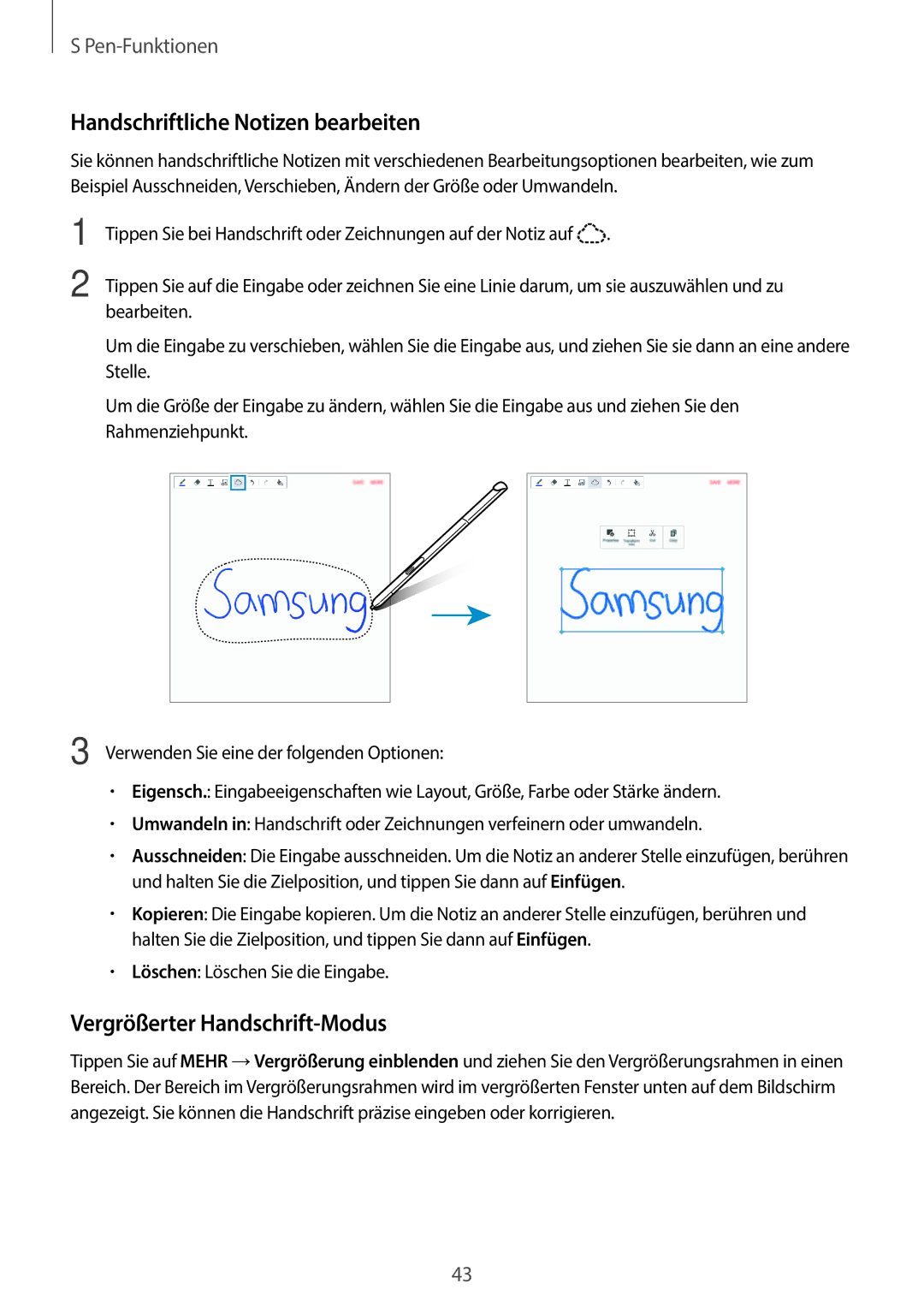 Samsung SM-P550NZAAXSP, SM-P550NZKALUX, SM-P550NZWACHN Handschriftliche Notizen bearbeiten, Vergrößerter Handschrift-Modus 