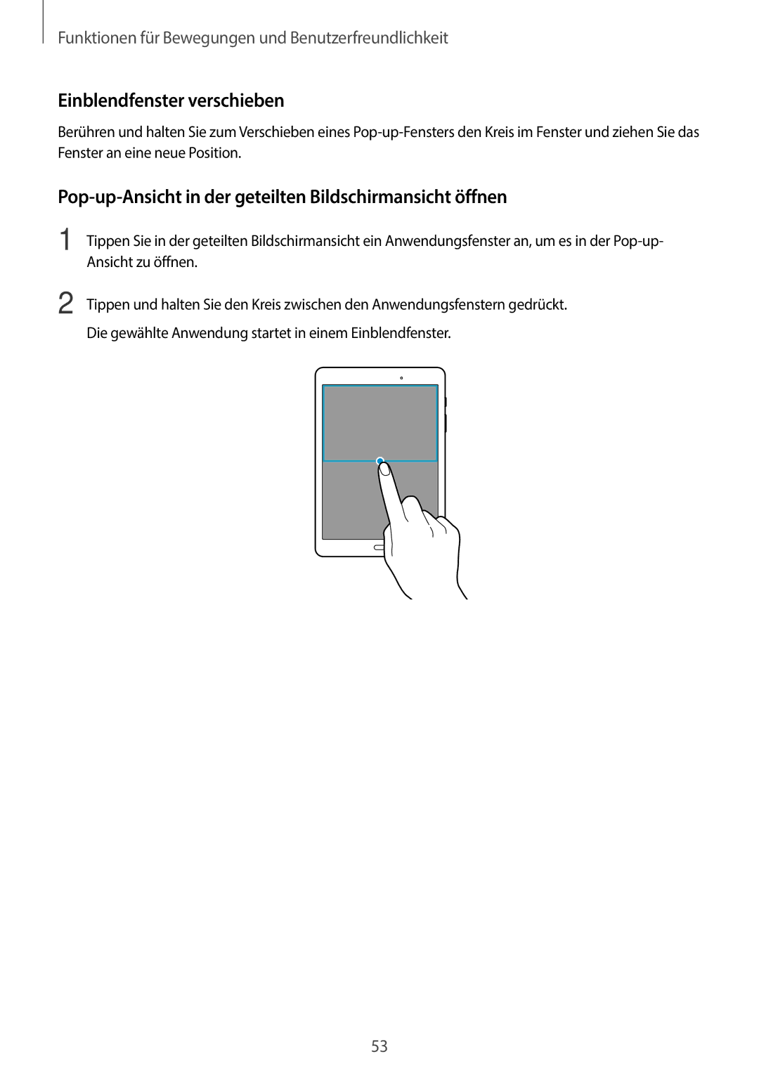 Samsung SM-P550NZAAXFE manual Einblendfenster verschieben, Pop-up-Ansicht in der geteilten Bildschirmansicht öffnen 