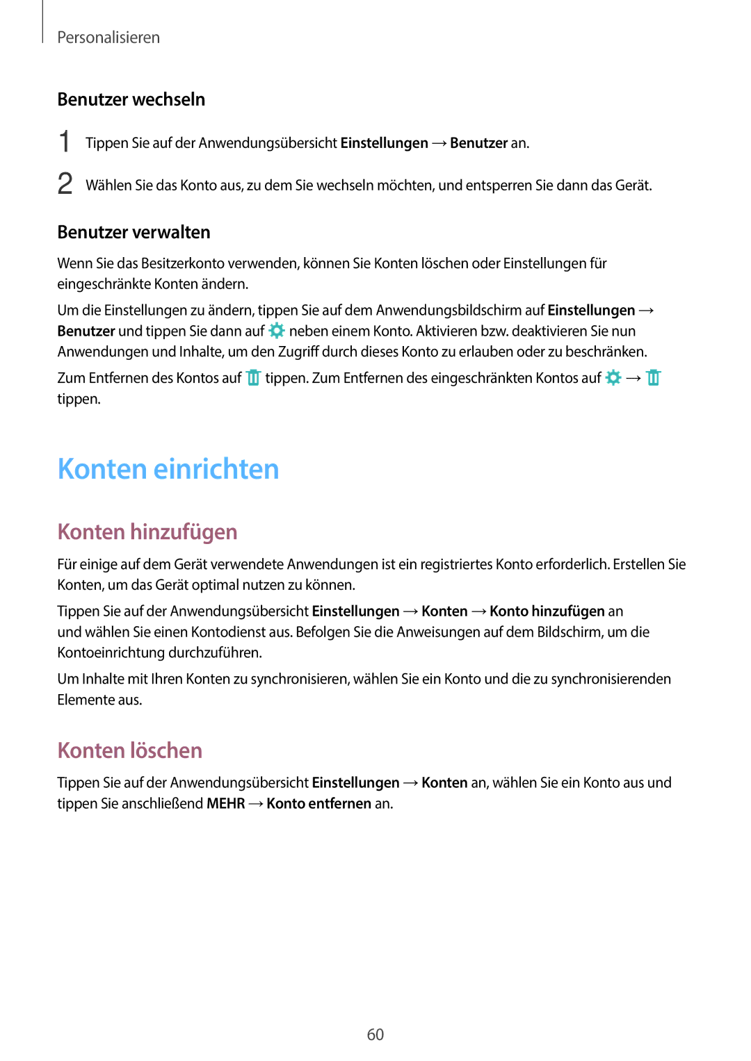 Samsung SM-P550NZKAPHN manual Konten einrichten, Konten hinzufügen, Konten löschen, Benutzer wechseln, Benutzer verwalten 