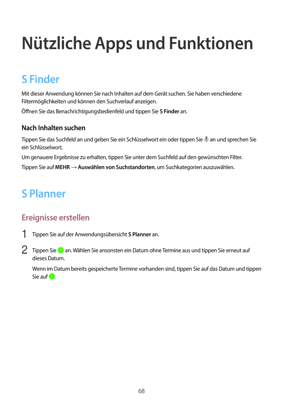 Samsung SM-P550NZKAXEZ, SM-P550NZKALUX, SM-P550NZWACHN manual Finder, Planner, Ereignisse erstellen, Nach Inhalten suchen 