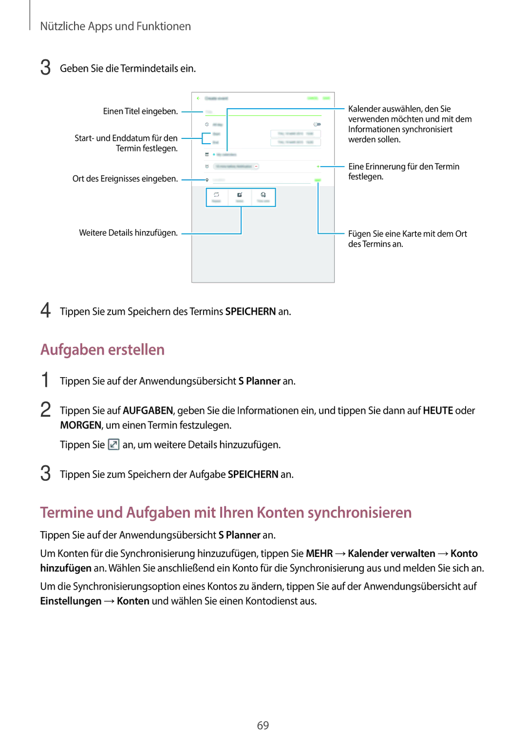 Samsung SM-P550NZKAMID, SM-P550NZKALUX manual Aufgaben erstellen, Termine und Aufgaben mit Ihren Konten synchronisieren 