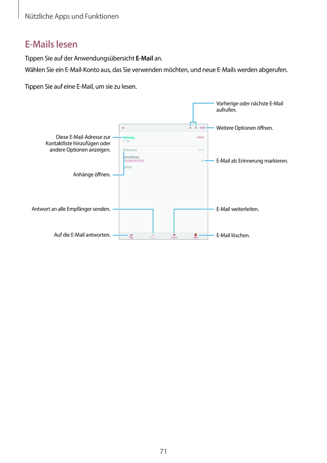 Samsung SM-P550NZWADBT, SM-P550NZKALUX, SM-P550NZWACHN manual Mails lesen, Tippen Sie auf der Anwendungsübersicht E-Mailan 