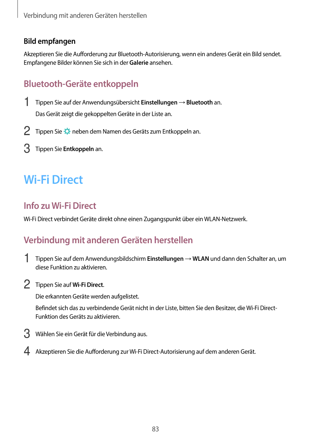 Samsung SM-P550NZKAAUT Bluetooth-Geräte entkoppeln, Info zu Wi-Fi Direct, Verbindung mit anderen Geräten herstellen 