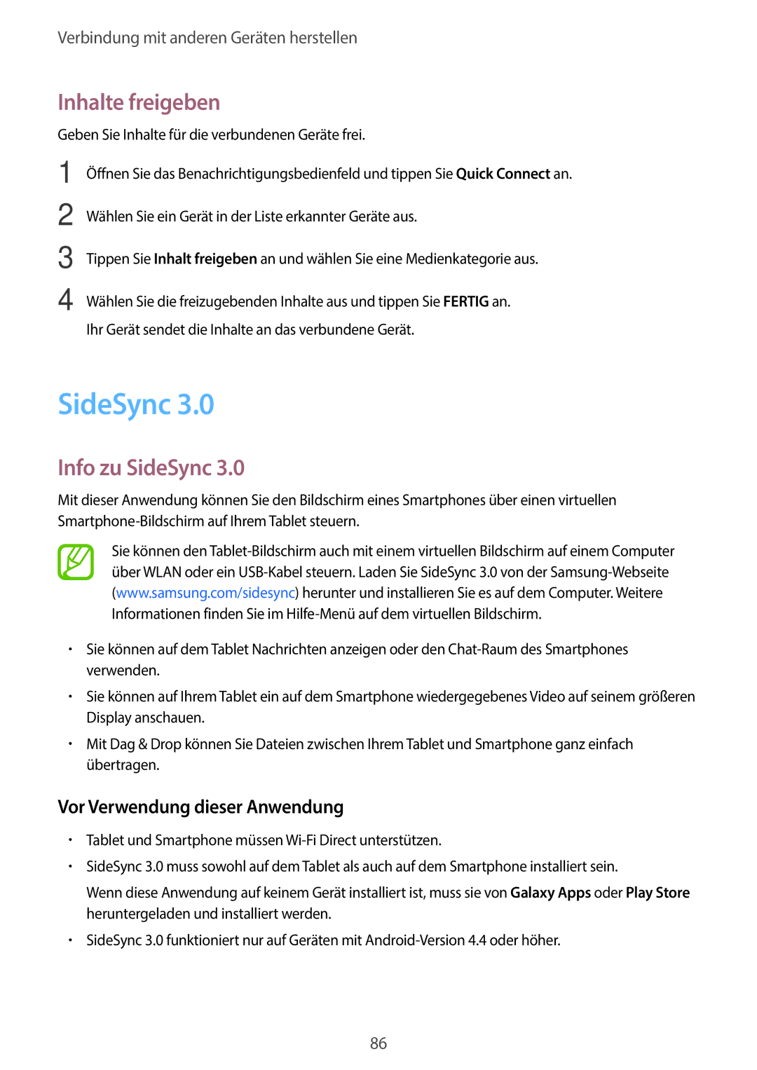 Samsung SM-P550NZKAXEO, SM-P550NZKALUX manual Inhalte freigeben, Info zu SideSync, Vor Verwendung dieser Anwendung 