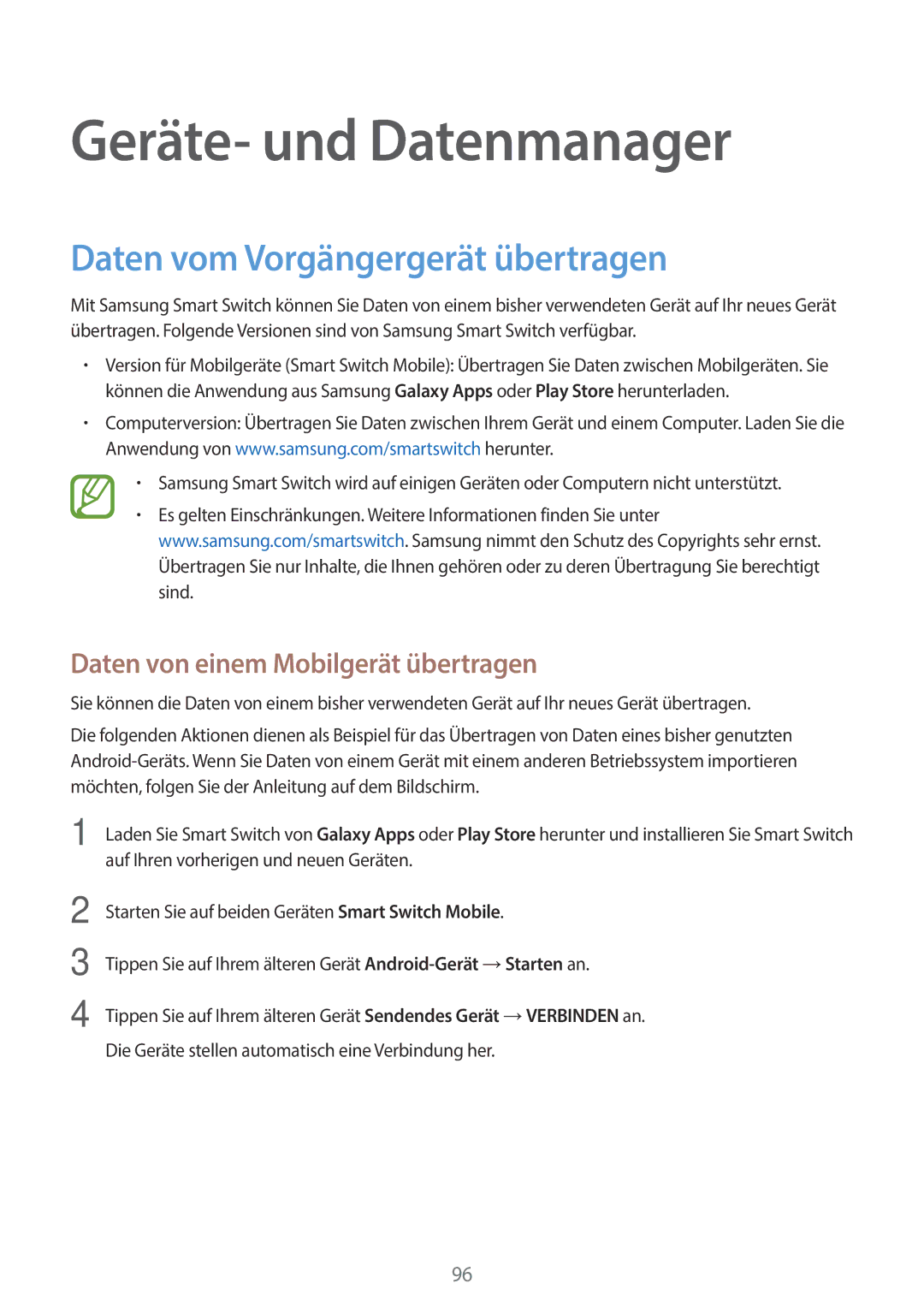 Samsung SM-P550NZKALUX, SM-P550NZWACHN, SM-P550NZWAXNZ manual Geräte- und Datenmanager, Daten vom Vorgängergerät übertragen 