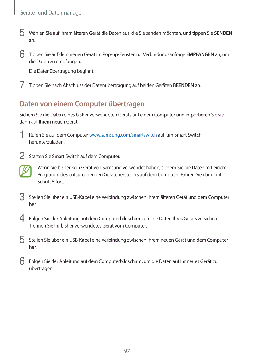 Samsung SM-P550NZWACHN, SM-P550NZKALUX, SM-P550NZWAXNZ manual Daten von einem Computer übertragen, Geräte- und Datenmanager 