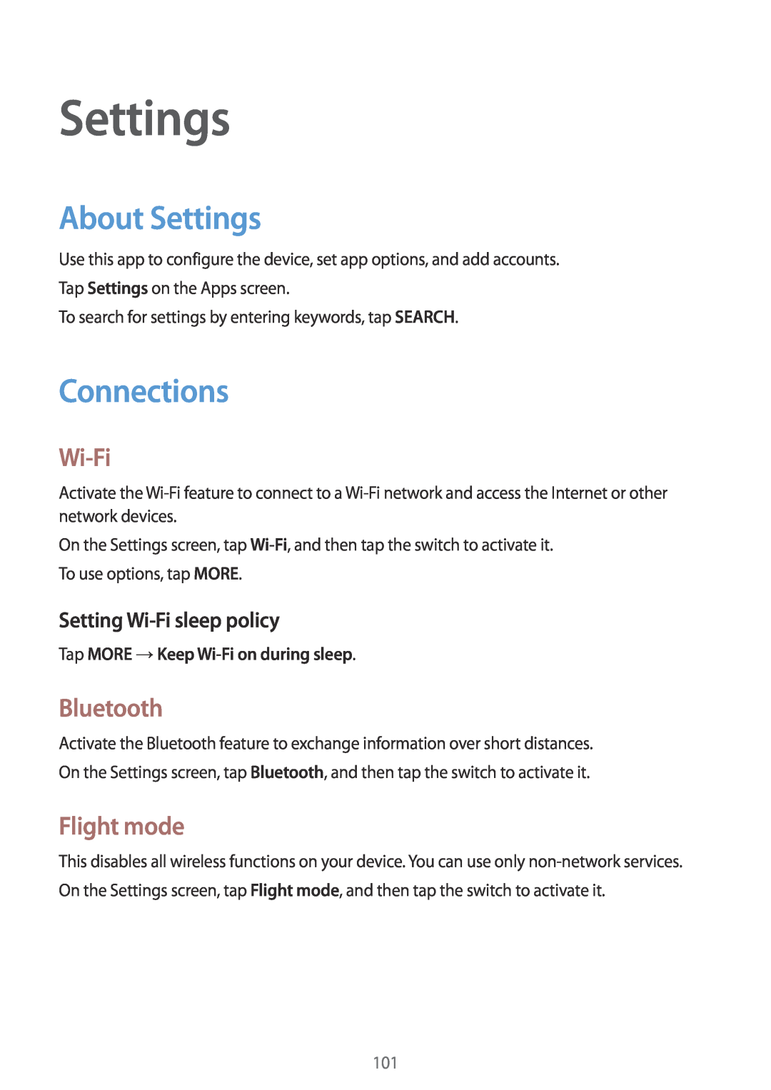 Samsung SM-P550NZAEKOO manual About Settings, Connections, Bluetooth, Flight mode, Setting Wi-Fi sleep policy 