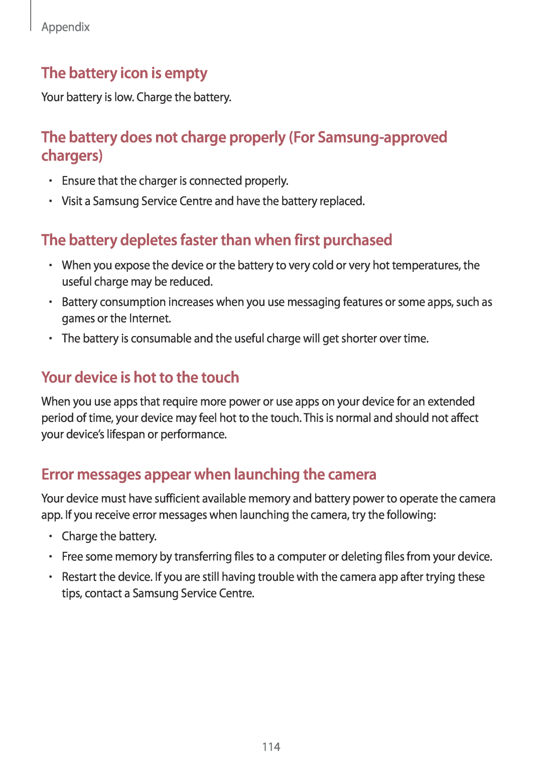 Samsung SM-P550NZKAPHN manual The battery icon is empty, The battery does not charge properly For Samsung-approved chargers 